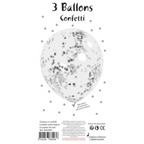 SACHET 3 BALLONS CONFETTI ARGENT