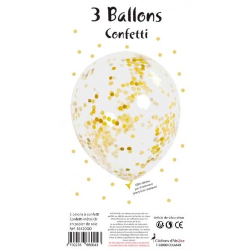 SACHET 3 BALLONS TRANSPARENTS CONFETTI OR