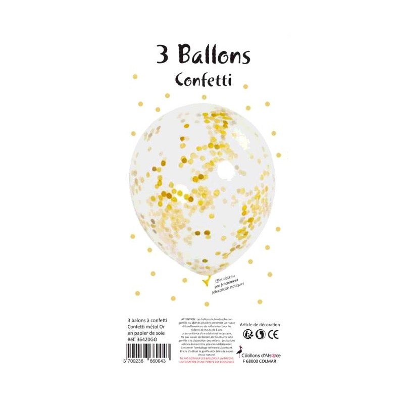 SACHET 3 BALLONS TRANSPARENTS CONFETTI OR