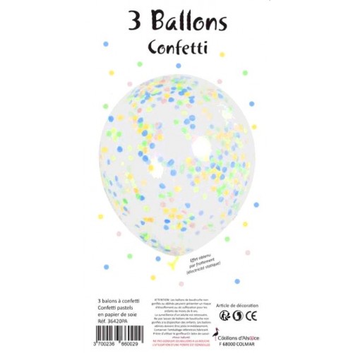 3 BALLONS TRANSPARENTS CONFETTI PASTEL