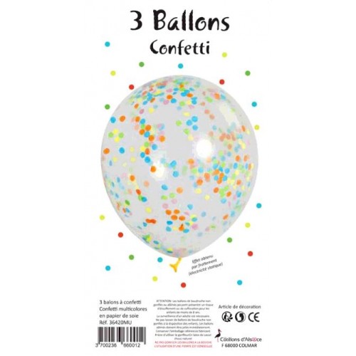 3 BALLONS TRANSPARENTS CONFETTI MULTICOLORES