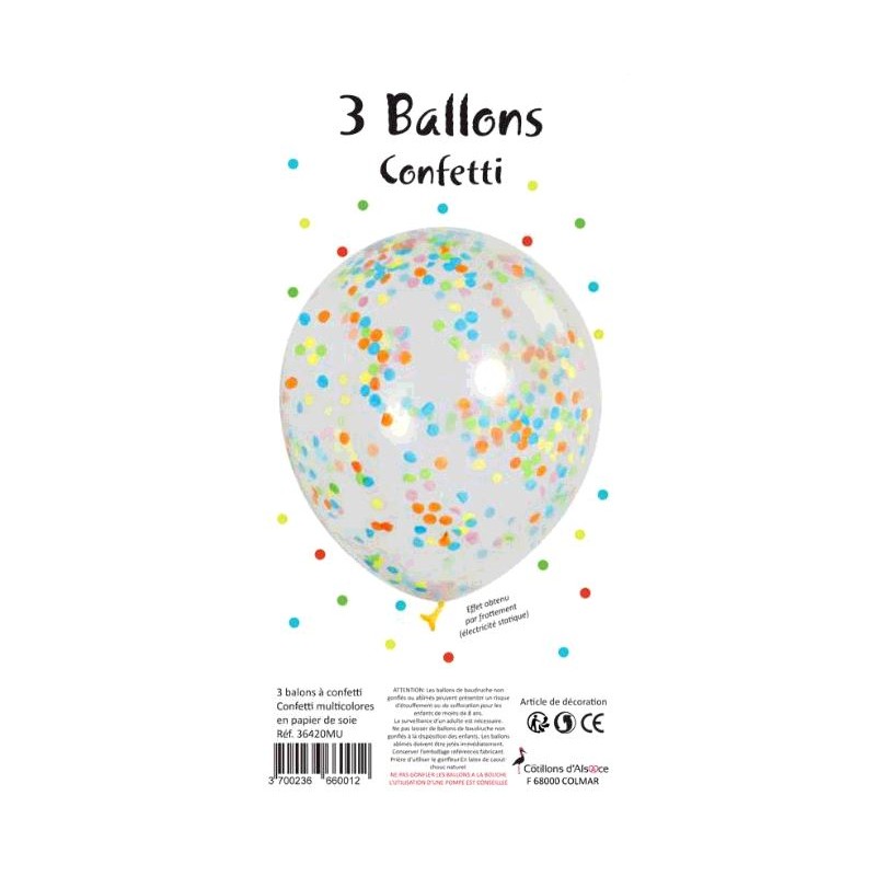 3 BALLONS TRANSPARENTS CONFETTI MULTICOLORES