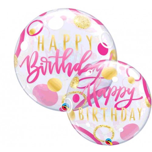 BALLON BUBBLE HAPPY BIRTHDAY PINK & GOLD DOTS