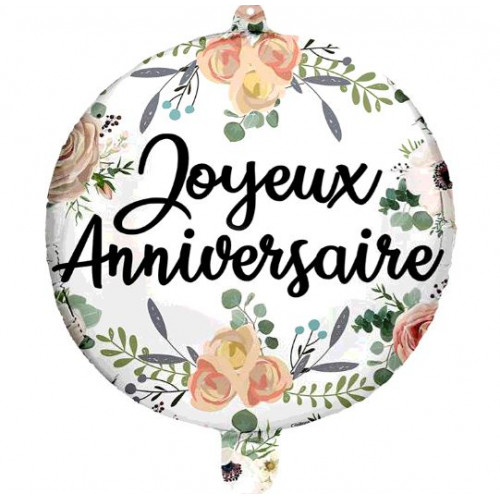 BALLON ALU JOYEUX ANNIVERSAIRE FLEURS ROMANTIQUE