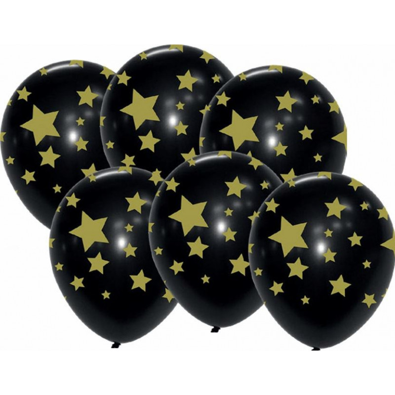 6 BALLONS NOIRS ETOILES OR