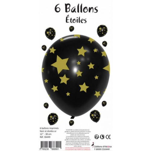 6 BALLONS NOIRS ETOILES OR