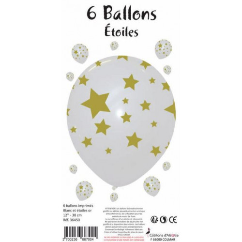 6 BALLONS BLANCS ETOILES OR