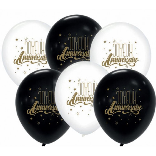 6 BALLONS JOYEUX ANNIVERSAIRE BLANC/NOIR