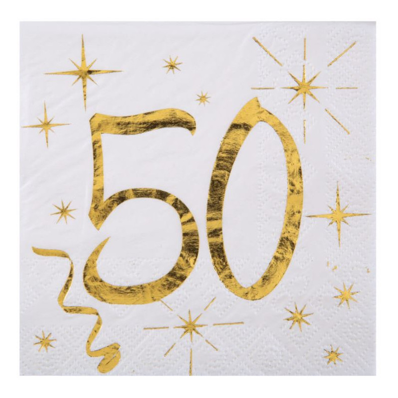 20 SERVIETTES AGE 50 ANS METAL BLANC