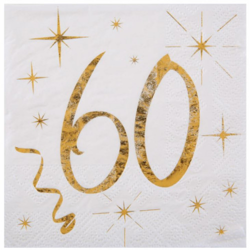 20 SERVIETTES AGE 60 ANS METAL BLANC