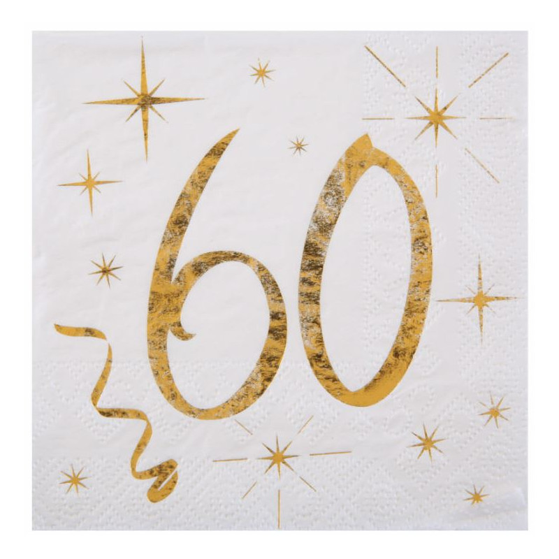 20 SERVIETTES AGE 60 ANS METAL BLANC