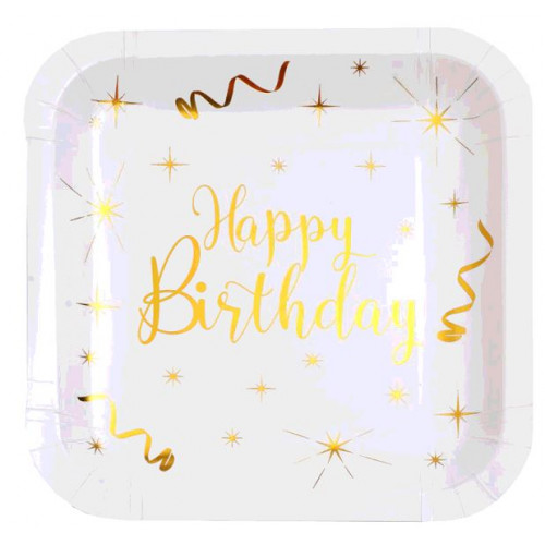 10 ASSIETTES CARRE HAPPY BIRTHDAY OR