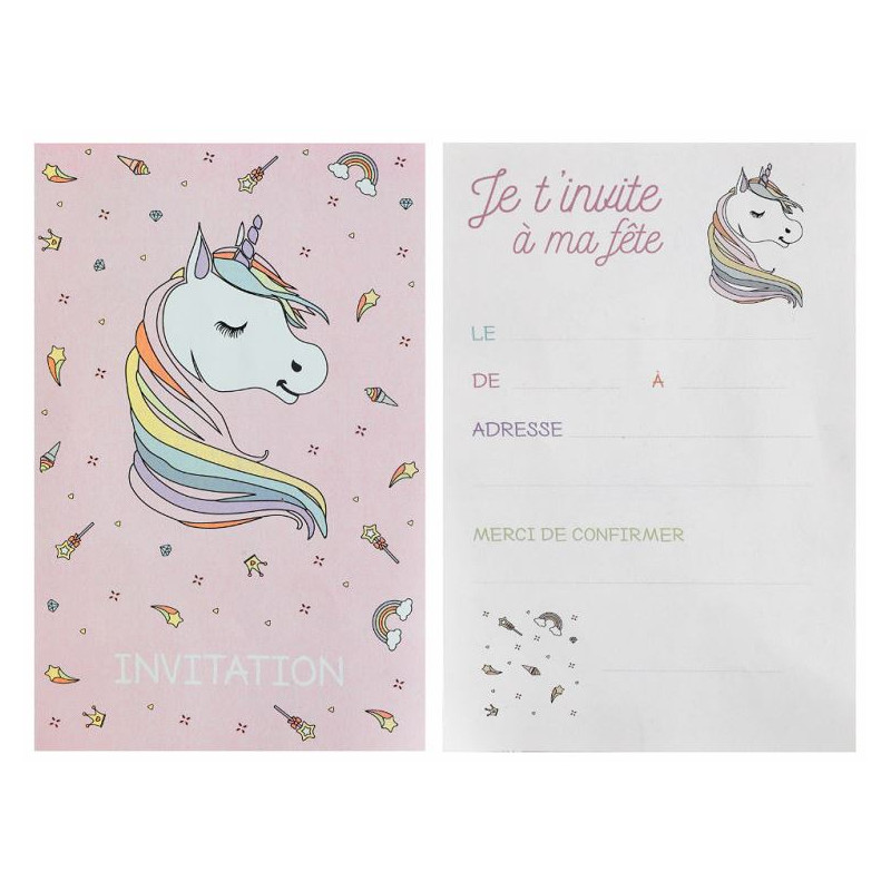 6 CARTES INVITATION LICORNE ROSE