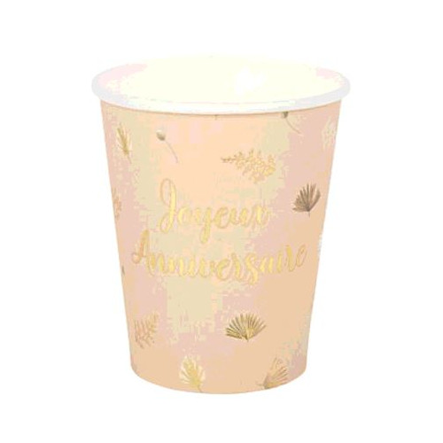 8 GOBELETS BOHO JOYEUX ANNIVERSAIRE BLUSH ET OR 25CL