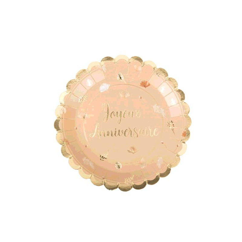 8 ASSIETTES BOHO JOYEUX ANNIVERSAIRE BLUSH ET OR