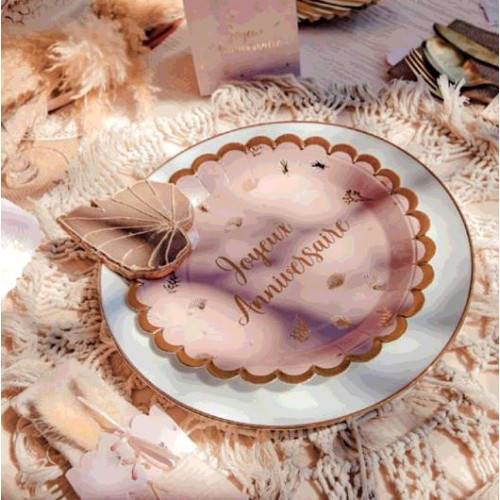 8 ASSIETTES BOHO JOYEUX ANNIVERSAIRE BLUSH ET OR