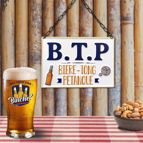 PLAQUE METAL &quot;B.T.P. BIERE TONG PETANQUE&quot;