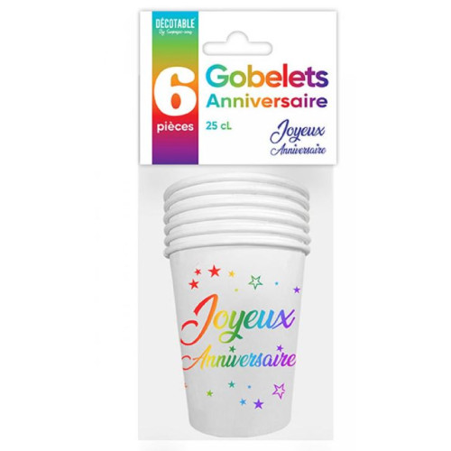 6 GOBELETS JOYEUX ANNIVERSAIRE MULTICOLORE