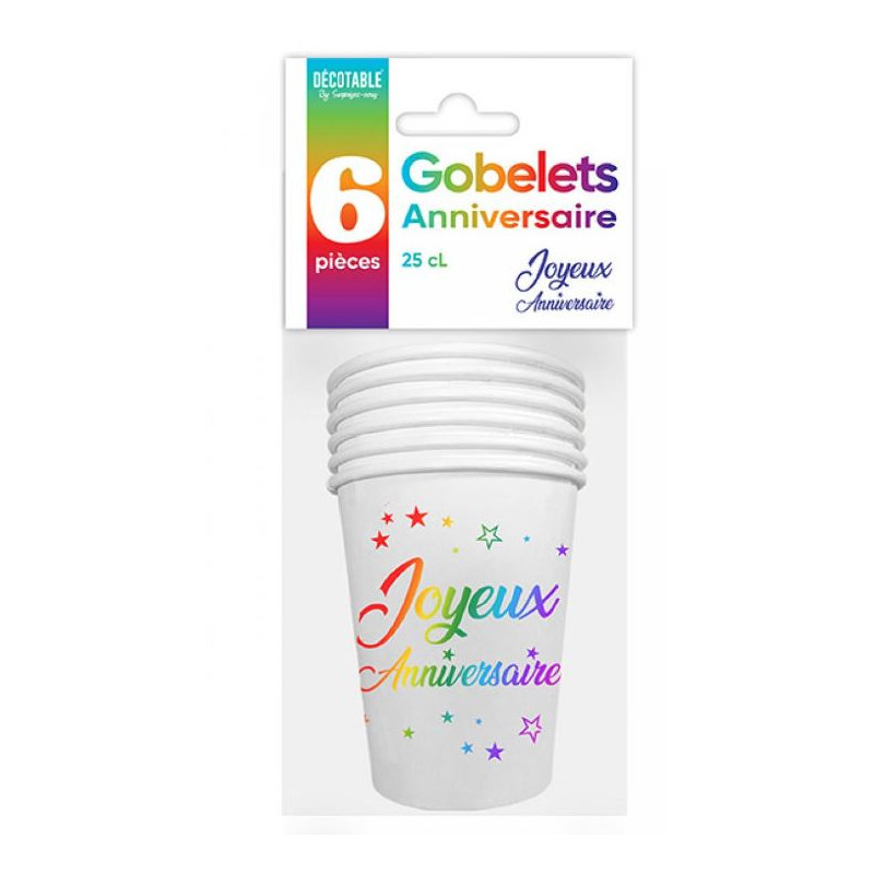 6 GOBELETS JOYEUX ANNIVERSAIRE MULTICOLORE