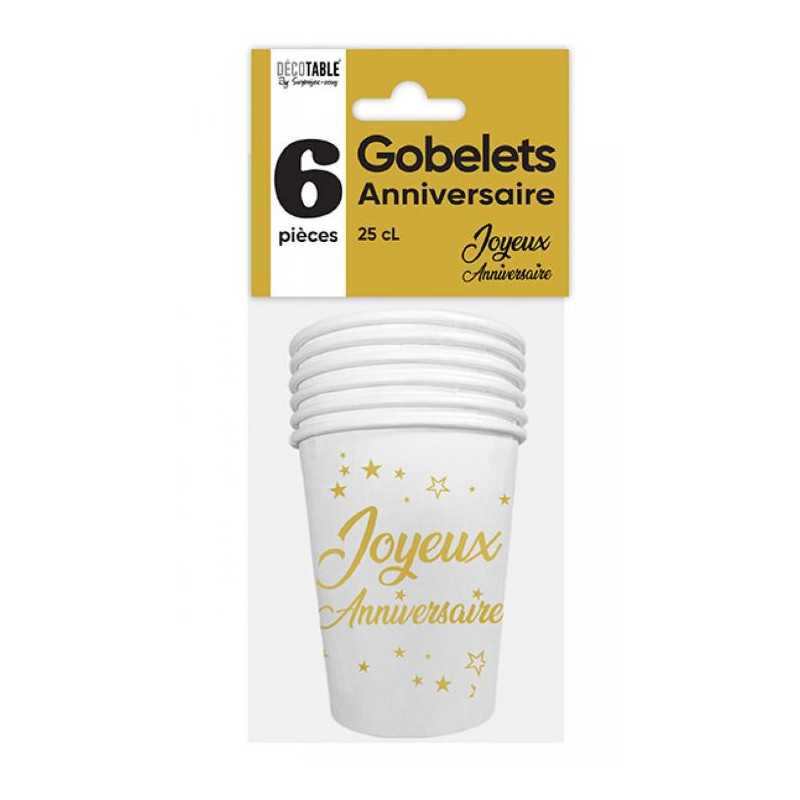 6 GOBELETS JOYEUX ANNIVERSAIRE OR