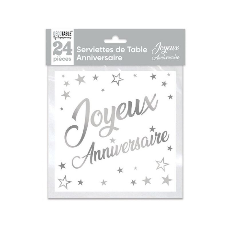 24 SERVIETTES JOYEUX ANNIVERSAIRE ARGENT