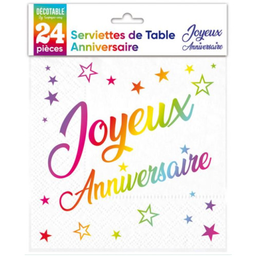 24 SERVIETTES JOYEUX ANNIVERSAIRE MULTICOLORE