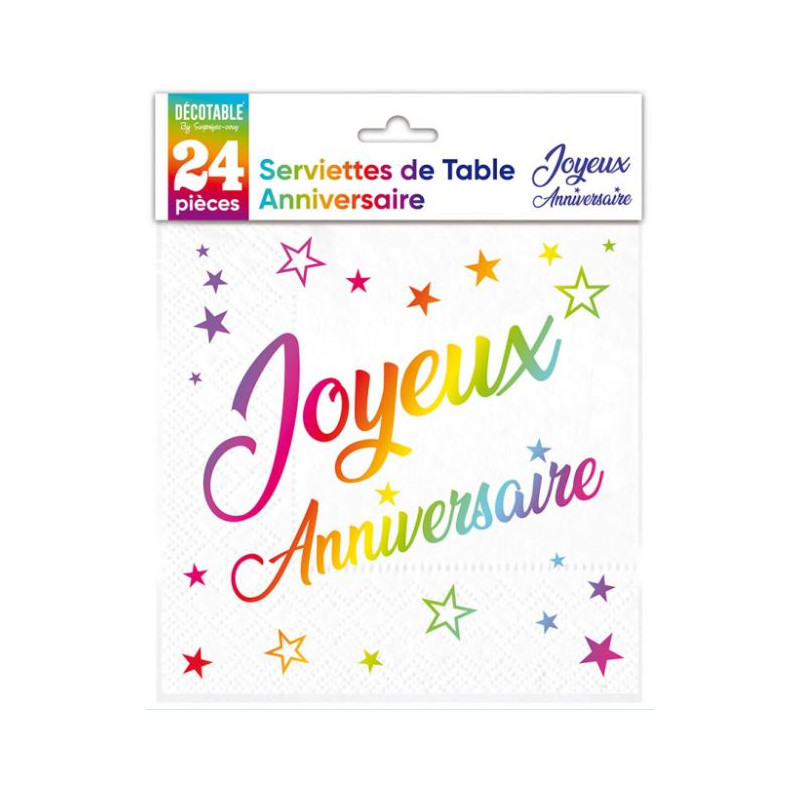 24 SERVIETTES JOYEUX ANNIVERSAIRE MULTICOLORE