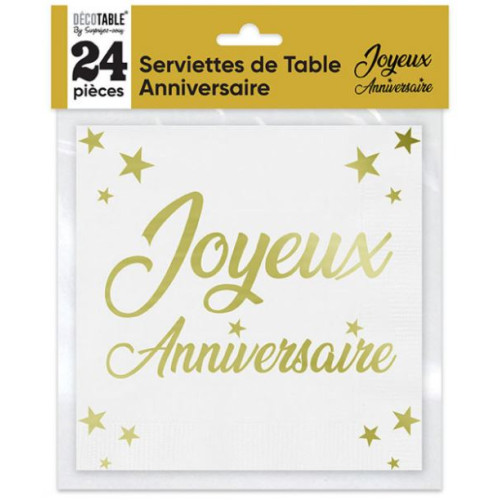 24 SERVIETTES JOYEUX ANNIVERSAIRE OR