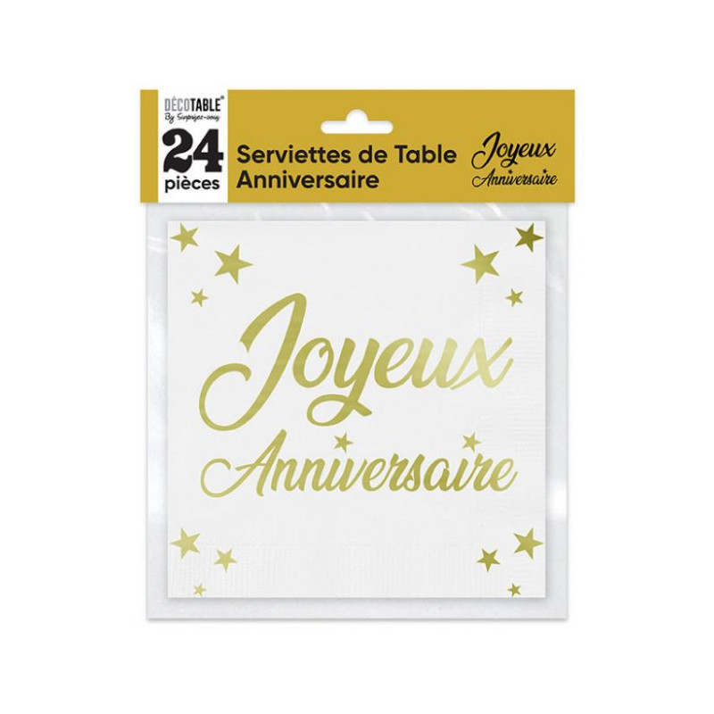 24 SERVIETTES JOYEUX ANNIVERSAIRE OR