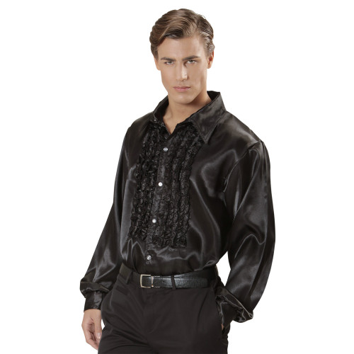 CHEMISE A JABOT SATIN NOIRE M/L