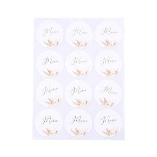 24 STICKERS MERCI PAMPAS FLEURS DE COTON ET OR