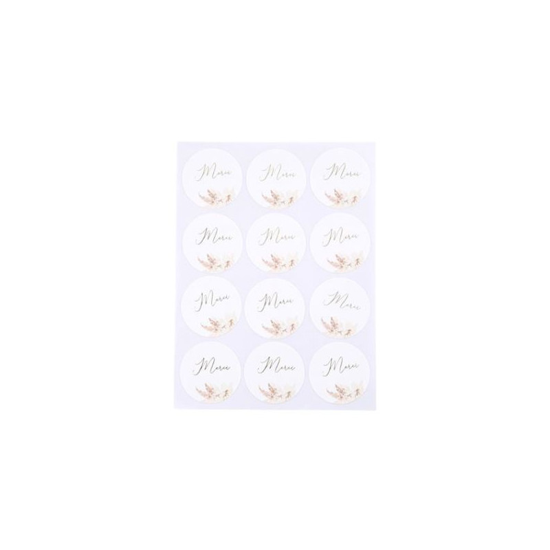 24 STICKERS MERCI PAMPAS FLEURS DE COTON ET OR